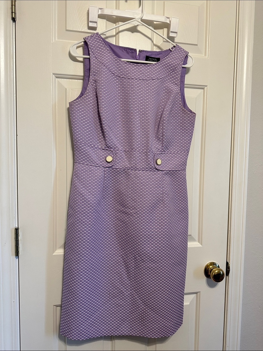 Tahari ASL Lavender Textured Sheath Dress with Decorative Buttons